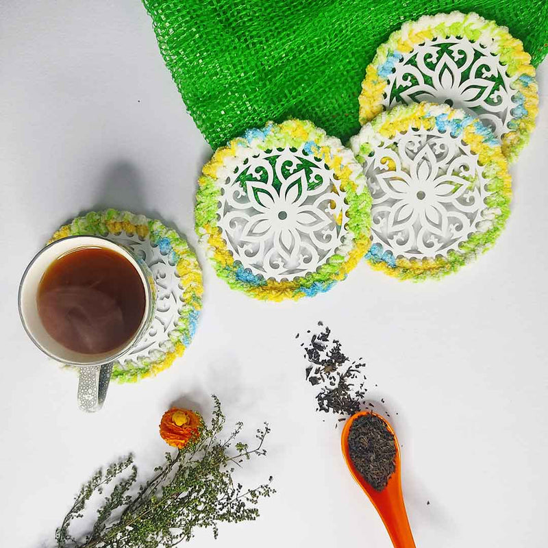 Multicolour Soft Yarn Hand Weaved Acrylic Coaster Set of 4