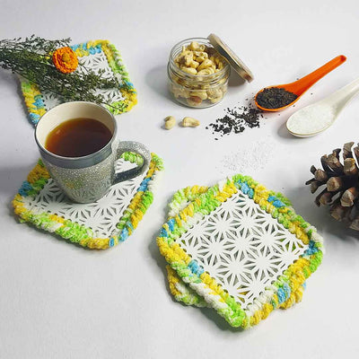 Multicolour Soft Yarn Hand Weaved Square Acrylic Coaster Set Of 4