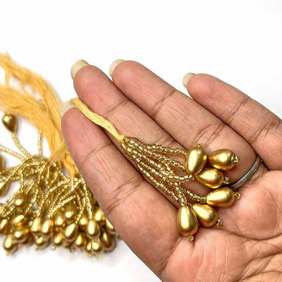 Drop Shape Golden Beads Tassel | tassels | Golden beads | Tassels Pack of 10 | Drop Shape Golden Beads | Art Craft | Decoration Craft | indian Home | Decoration | Project Making | online Art  | Design | Beautiful | Adikala | Adikala Craft Store