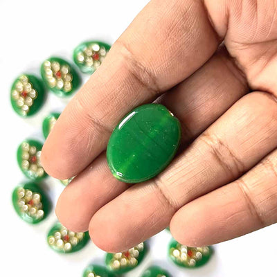 Dark Green Color Oval | Oval Shape Beads | Beads With Kundan | Kundan Work Pack Of 6 | Art Craft | Decoration Craft | indian Home | Decoration | Project Making | online Art | Design | Beautiful | Adikala | Adikala Craft Store