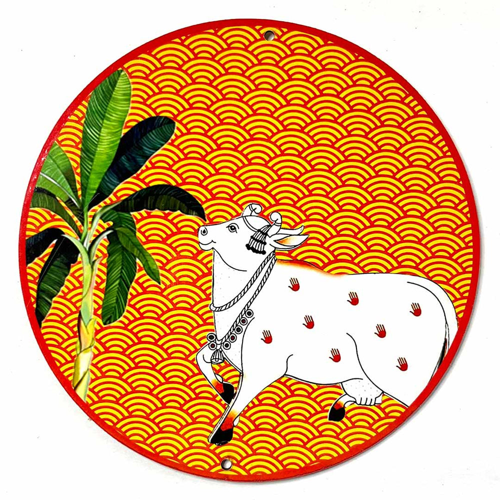 Orange Pichwai | Pichwai Cow | Banana Tree Mdf 6INCH | Cow | MDf Banana Tree With Cow | Art Craft | Decoration Craft | indian Home  | Decoration | Project Making | Cutouts | Pichwai | Adikala | Adikala Craft Store 