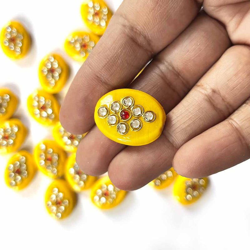 yellow Color Oval | Oval Shape Beads | Beads With Kundan | Kundan Work Pack Of 6 | Art Craft | Decoration Craft | indian Home | Decoration | Project Making | online Art | Design | Beautiful | Adikala | Adikala Craft Store