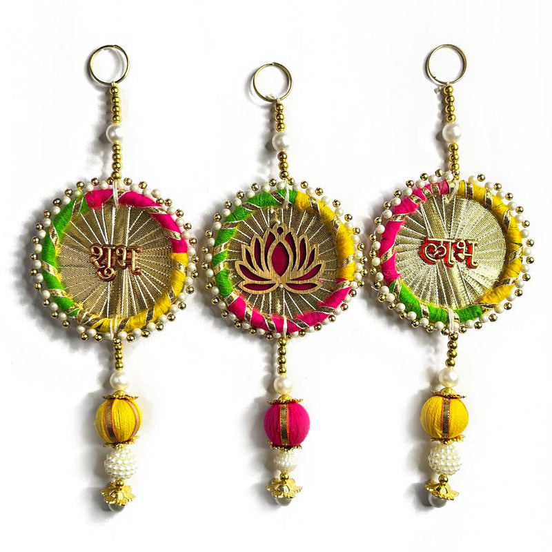 Shubh Labh With Acrylic Lotus Multicolored Tassel Hanging For Decoration Set Of 3