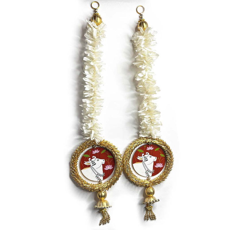 Maroon Color Cow With White Gajra Hanging For Decoration Set Of 2