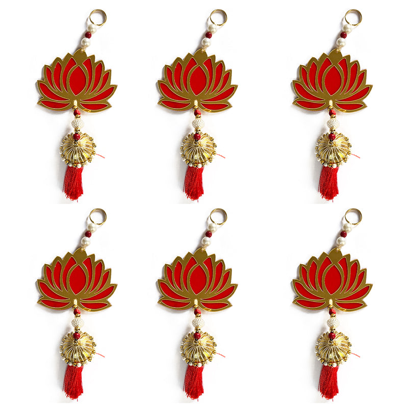 Red Color Velvet & Acrylic Lotus Flower With Matching Tassel Hanging For Decoration Set Of 6