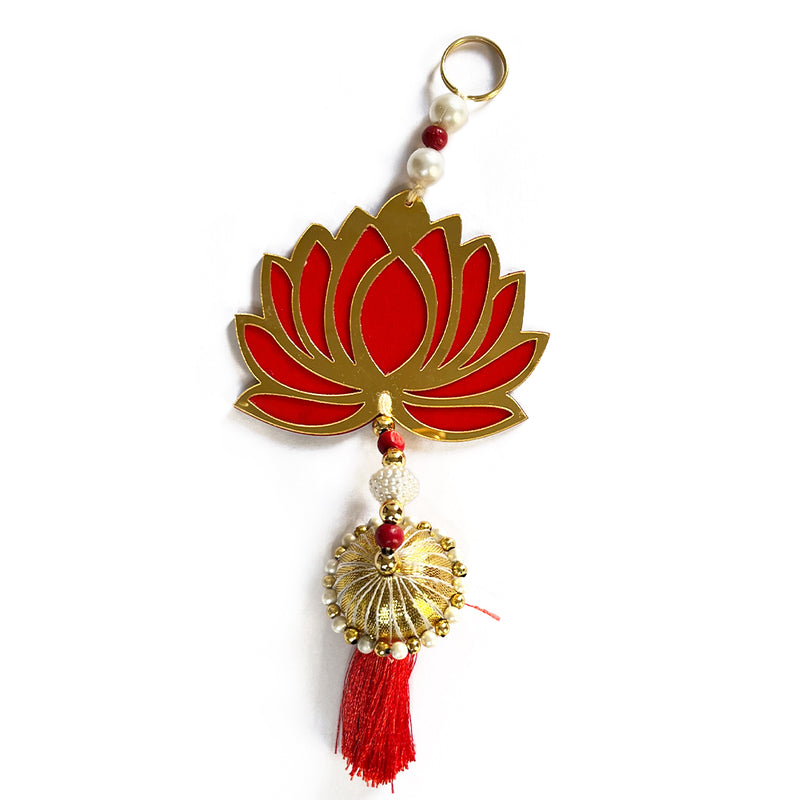 Red Color Velvet & Acrylic Lotus Flower With Matching Tassel Hanging For Decoration Set Of 6