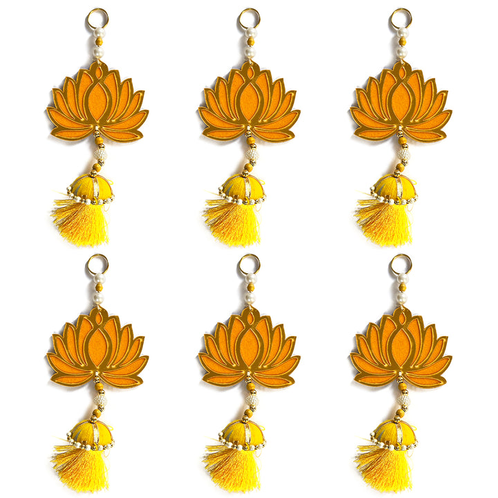 Yellow Color Velvet & Acrylic Lotus Flower With Matching Tassel Hanging For Decoration Set Of 6