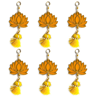 Yellow Color Velvet & Acrylic Lotus Flower With Matching Tassel Hanging For Decoration Set Of 6