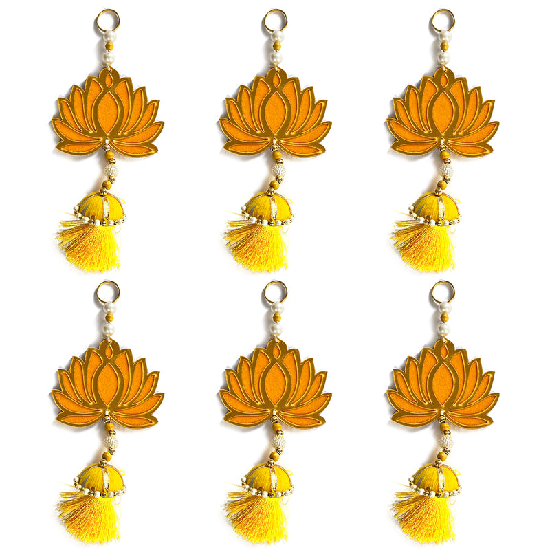 Yellow Color Velvet & Acrylic Lotus Flower With Matching Tassel Hanging For Decoration Set Of 6