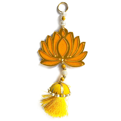 Yellow Color Velvet & Acrylic Lotus Flower With Matching Tassel Hanging For Decoration Set Of 6