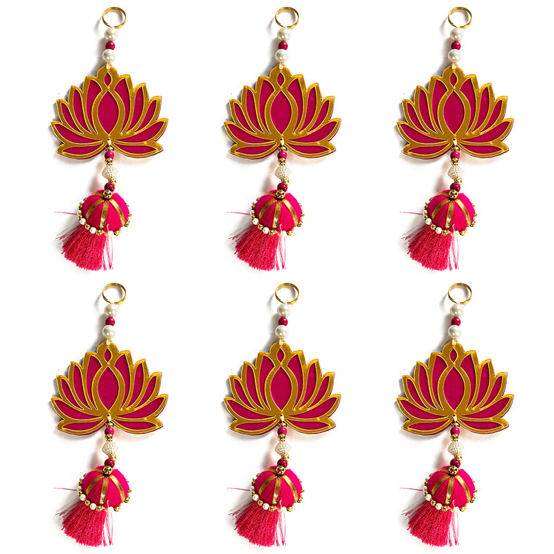 Rani Pink Color Velvet & Acrylic Lotus Flower With Matching Tassel Hanging For Decoration Set Of 6