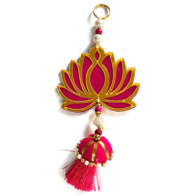 Rani Pink Color Velvet & Acrylic Lotus Flower With Matching Tassel Hanging For Decoration Set Of 6