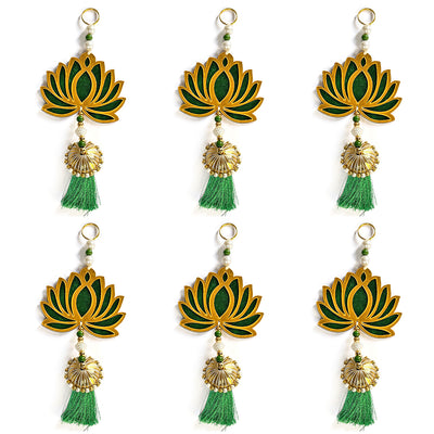 Green Color Velvet & Acrylic Lotus Flower With Matching Tassel Hanging For Decoration Set Of 6