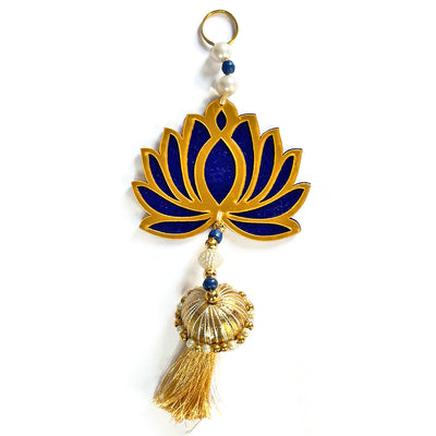 Blue Color Velvet & Acrylic Lotus Flower With Matching Tassel Hanging For Decoration Set Of 6