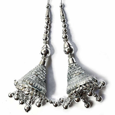 Silver Color Cone Style Ethnic Work Latkan Hanging Set Of 2