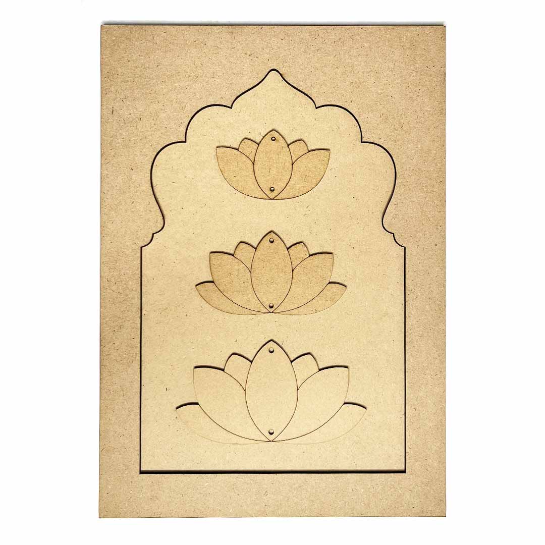 Jharokha With Pichwai Lotus Mdf Cutout 13 inches Set of 2 | Jharokha With Pichwai Lotus |  Pichwai Lotus | Mdf Cutout  | Art Craft | Craft Store Online | Lotus | MDF | MDF Cutouts | Jharokha  |  Adikala