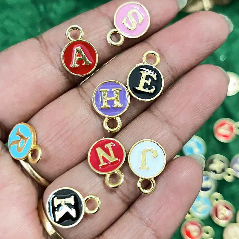 Multicolor With Golden Alphabet Round Shape Metal Charms Set Of 20