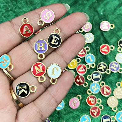 Multicolor With Golden Alphabet Round Shape Metal Charms Set Of 20