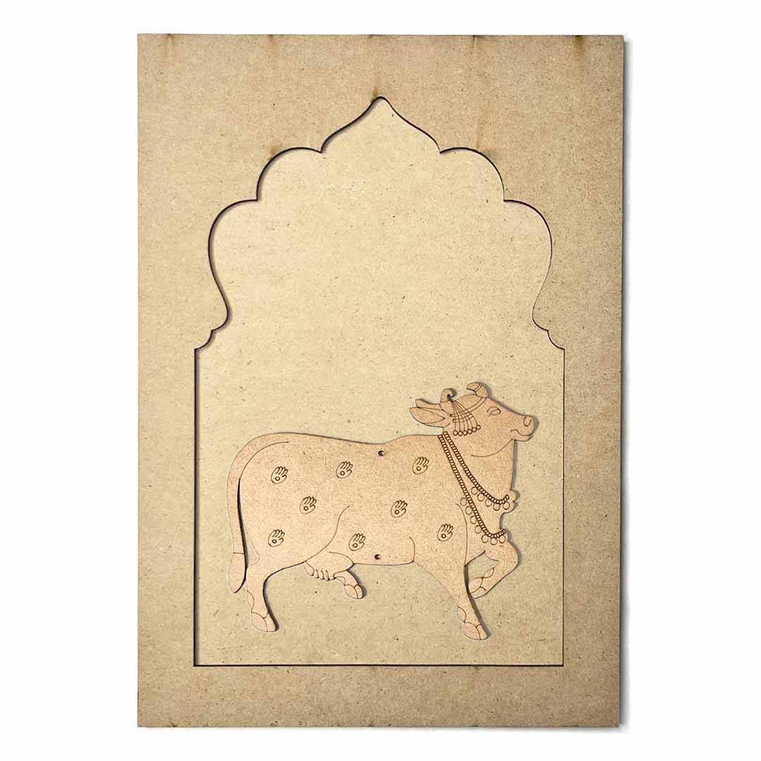 Jharokha With Cow Mdf Cutout 13 inches | Jharokha | Cow Mdf Cutout 13 inches | Mdf Cutout | 13 inches | Online Art | Art Craft | Craft Store Online | Adikala | Jharokhas with pichwai Cow