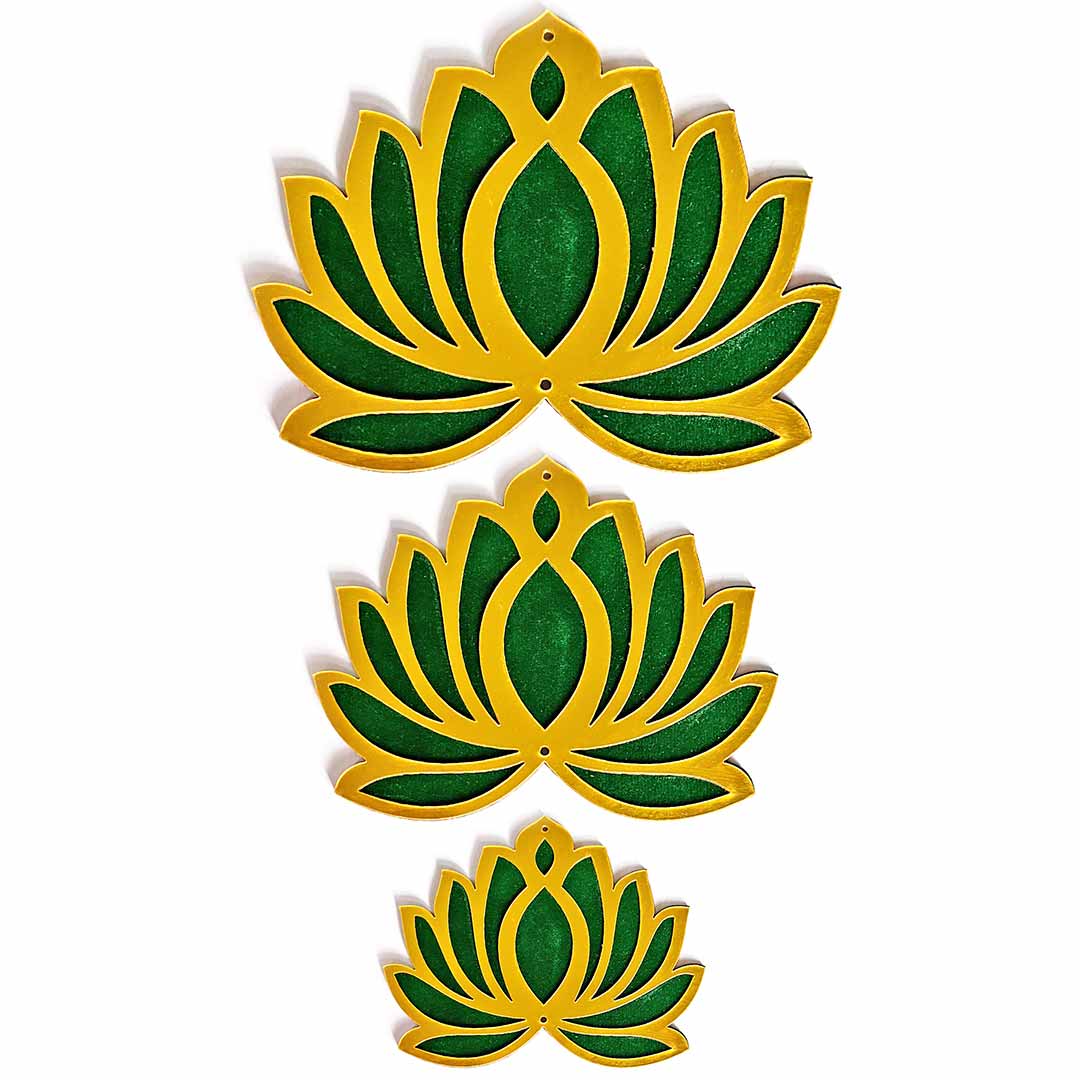 3 Different Sizes Green Velvet & Golden Acrylic Lotus Set of 18 | 3 Different Sizes |  Green Velvet | Golden Acrylic | Lotus Set of 18 | Adikala    