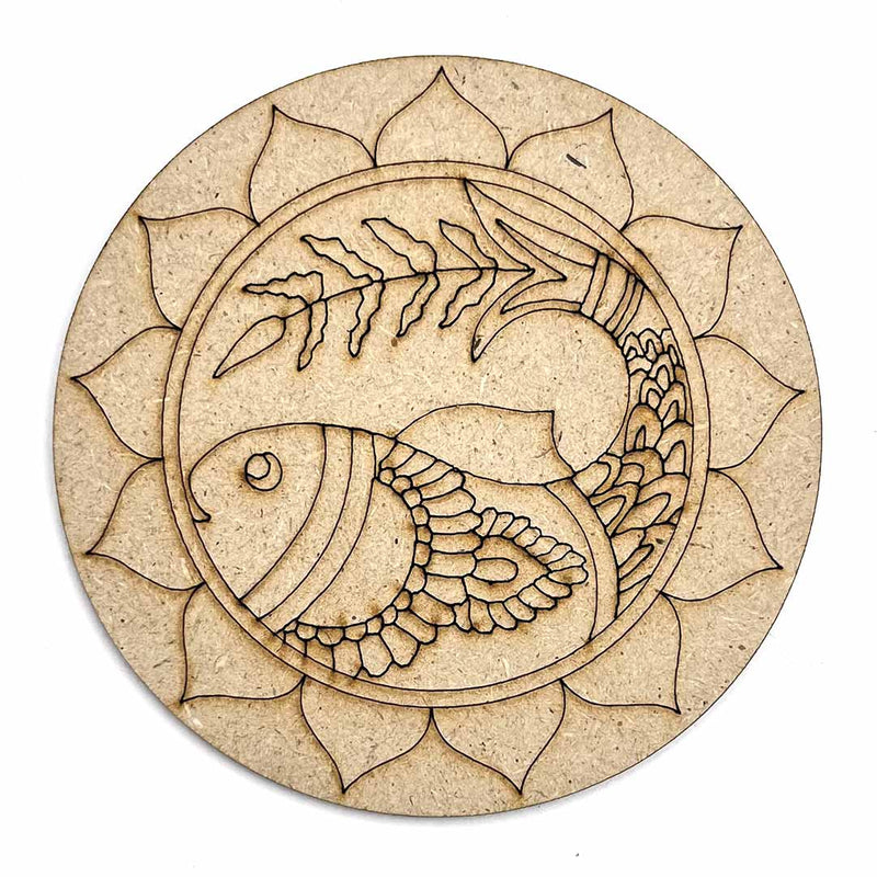 Round Shaped MDF Engraved Madhubani Fish Design Coaster Set of 6 | Round Shape MDF | Engraved Madhubani Fish  Design | Coaster |  Set  Of  6 |  Madhubani  Paintings  | Madhubani  | Paintings |  Engraved diy  base | Art Craft | Craft Store  Online  | Adikala Craft Store 