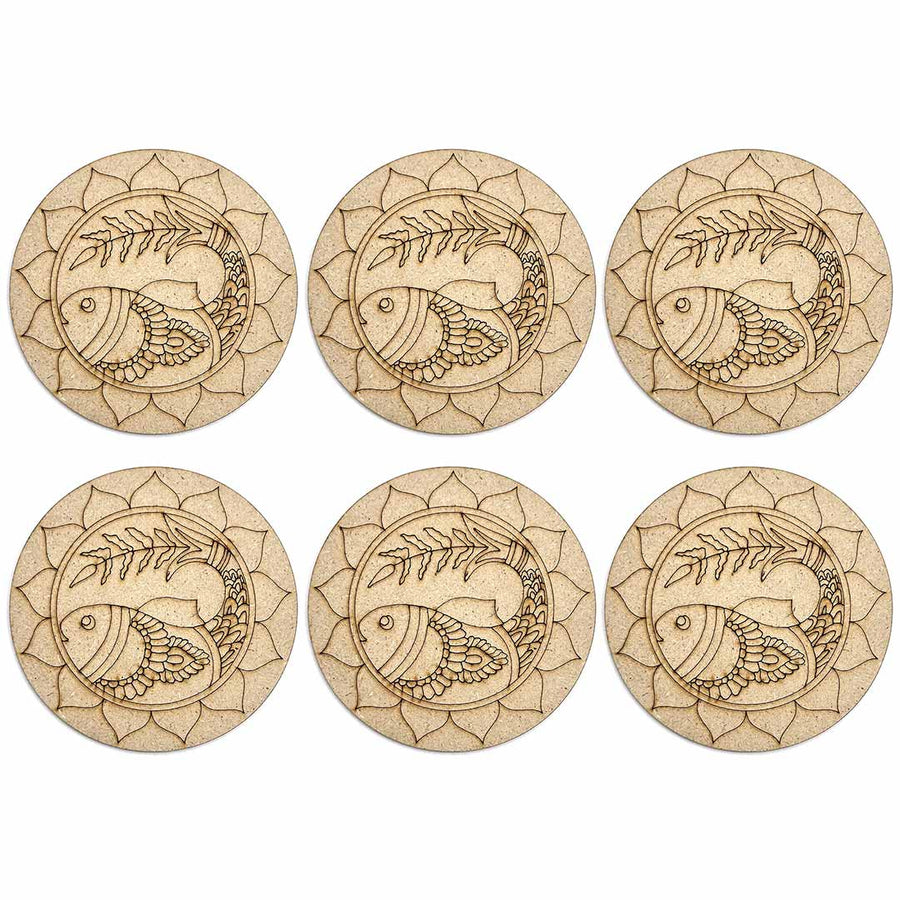 Round Shaped MDF Engraved Madhubani Fish Design Coaster Set of 6 | Round Shape MDF | Engraved Madhubani Fish Design | Coaster | Set Of 6 | Madhubani Paintings | Madhubani | Paintings | Engraved diy base | Art Craft | Craft Store Online | Adikala Craft Store