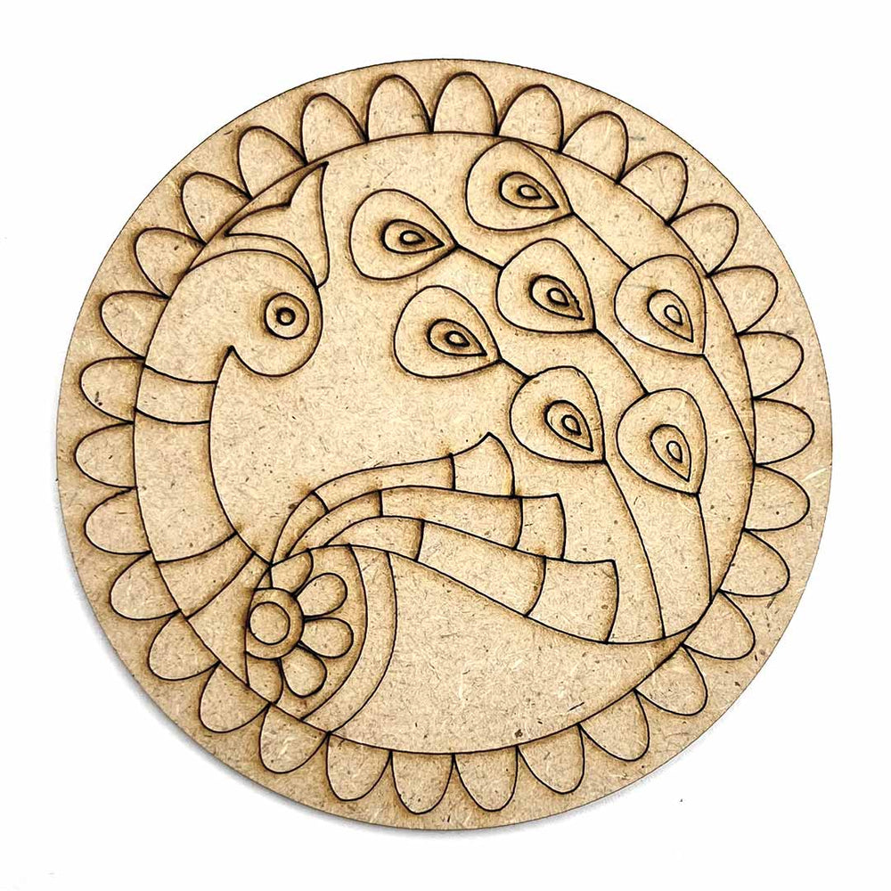 Round Shaped MDF Engraved Madhubani Peacock Rainbow fur Design Coaster Set of 6 | Round Shape MDF Design | Madhubani Peacock | Rainbow Fur Design | Design Coaster Set of 6 | Art Craft | Craft Store Online | Online Art | Adikala