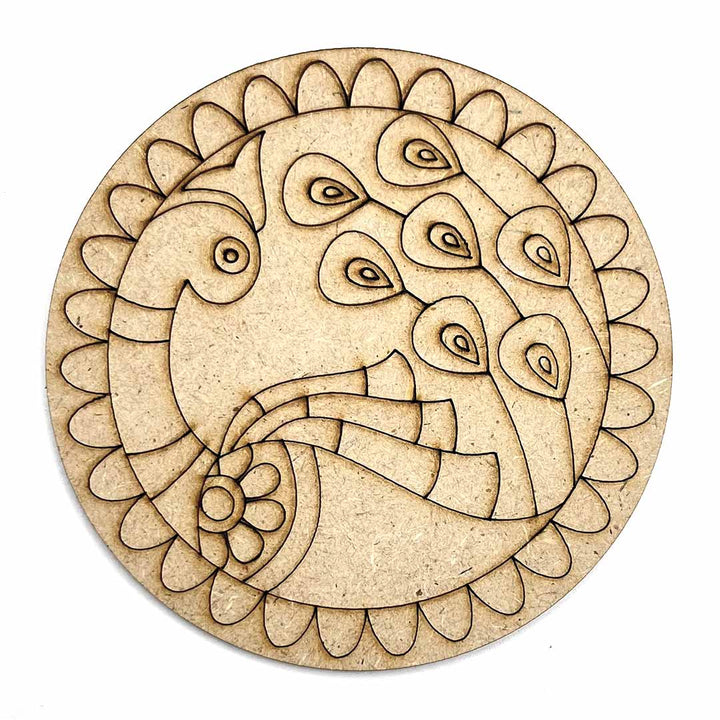 Round Shaped MDF Engraved Madhubani Peacock Rainbow fur Design Coaster Set of 6 | Round Shape MDF Design | Madhubani Peacock | Rainbow Fur Design | Design Coaster Set of 6 | Art Craft | Craft Store Online | Online Art | Adikala