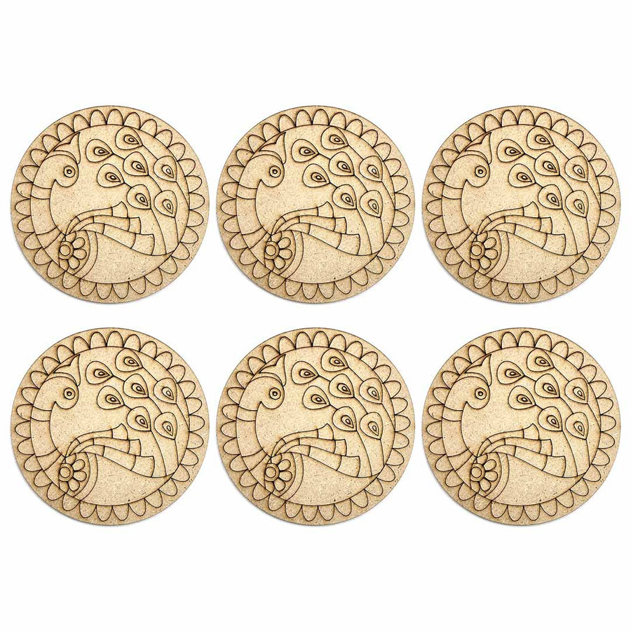 Round Shaped MDF Engraved Madhubani Peacock Rainbow fur Design Coaster Set of 6 | Round Shape MDF Design |  Madhubani Peacock | Rainbow Fur Design | Design Coaster Set of 6 | Art Craft | Craft Store Online | Online Art | Adikala