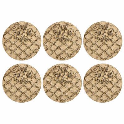 Round Shaped MDF Engraved Madhubani Flower Design Coaster Set of 6 | MDF | MDF Cutouts | Engraved Madhubani Flower | design Coaster Set of 6 |  Adikala