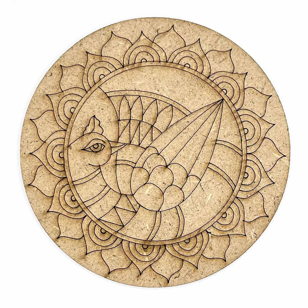 Round Shaped MDF Engraved Madhubani Peacock Design Coaster Set of 6 | MDF Peacock | Peacock Design Coaster | Set of 6 | Engraved Madhubani | Round Shaped MDF | peacock Design Coaster | Art Craft | Craft Online | Adikala | Laser Cutting | Madhubani Design | Adikala