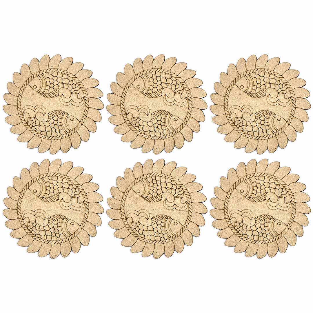 Round Shaped MDF Engraved Madhubani Mithila Design Coaster Set of 6 | Round Shaped MDF | Engraved Madhubani Design | Design Coaster Set of 6 |  Mithila Design Coaster | Art Craft | Craft Store Online | online Art | Adikala  