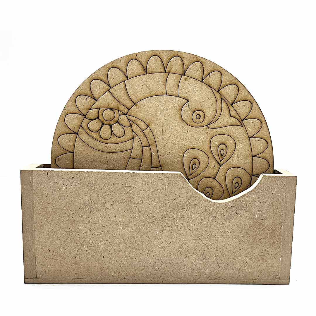Round Shaped MDF Engraved Madhubani Peacock Rainbow fur Design Coaster Set of 6 | Round Shape MDF Design | Madhubani Peacock | Rainbow Fur Design | Design Coaster Set of 6 | Art Craft | Craft Store Online | Online Art | Adikala