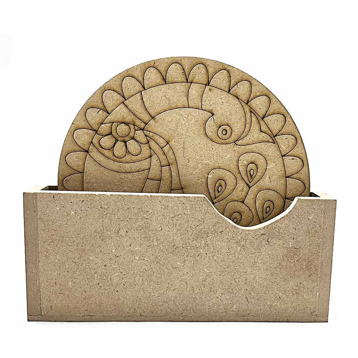 Round Shaped MDF Engraved Madhubani Peacock Rainbow fur Design Coaster Set of 6 | Round Shape MDF Design | Madhubani Peacock | Rainbow Fur Design | Design Coaster Set of 6 | Art Craft | Craft Store Online | Online Art | Adikala