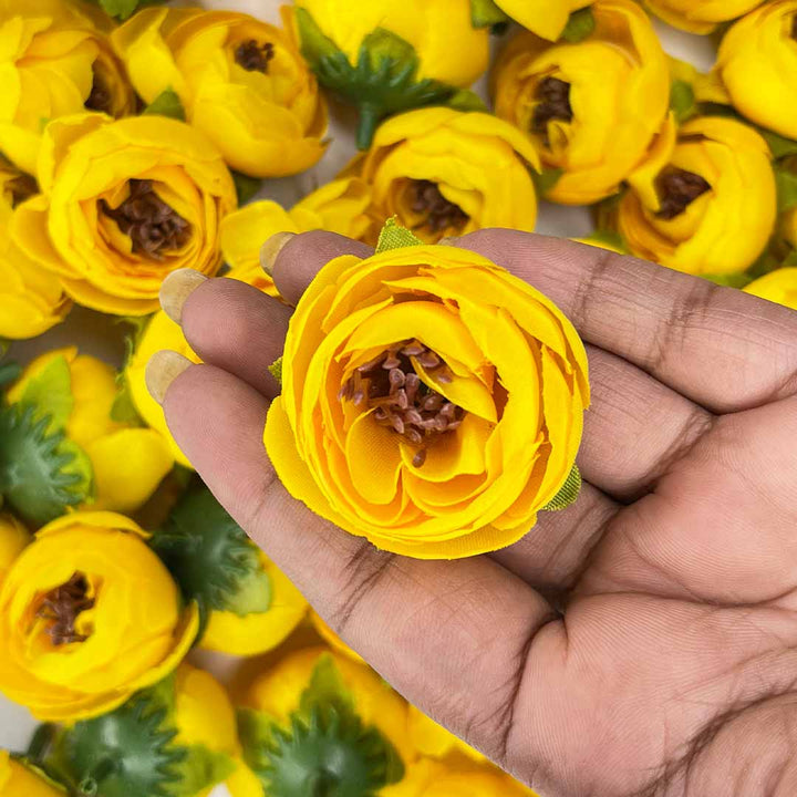 Yellow Peony Buds Pack of 25 (1.5" Inches) Fake Fabric Head Rose Flowers for Home, Gift, Christmas,Valentine, Mandir Pooja Table, Cake Decor, Bouquet Making Decoration
