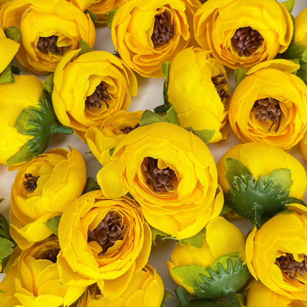 Yellow Peony Buds Pack of 25 (1.5" Inches) Fake Fabric Head Rose Flowers for Home, Gift, Christmas,Valentine, Mandir Pooja Table, Cake Decor, Bouquet Making Decoration