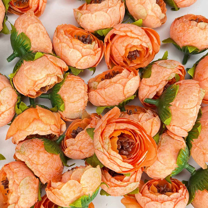Orange Peony Buds Pack of 25 (1.5" Inches) Fake Fabric Head Rose Flowers for Home, Gift, Christmas,Valentine, Mandir Pooja Table, Cake Decor, Bouquet Making Decoration