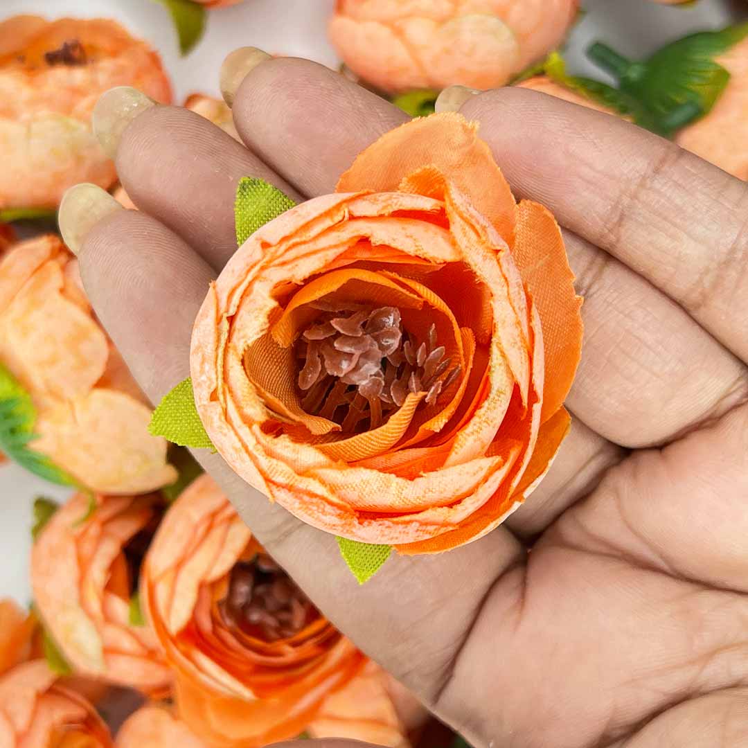 Orange Peony Buds Pack of 25 (1.5" Inches) Fake Fabric Head Rose Flowers for Home, Gift, Christmas,Valentine, Mandir Pooja Table, Cake Decor, Bouquet Making Decoration