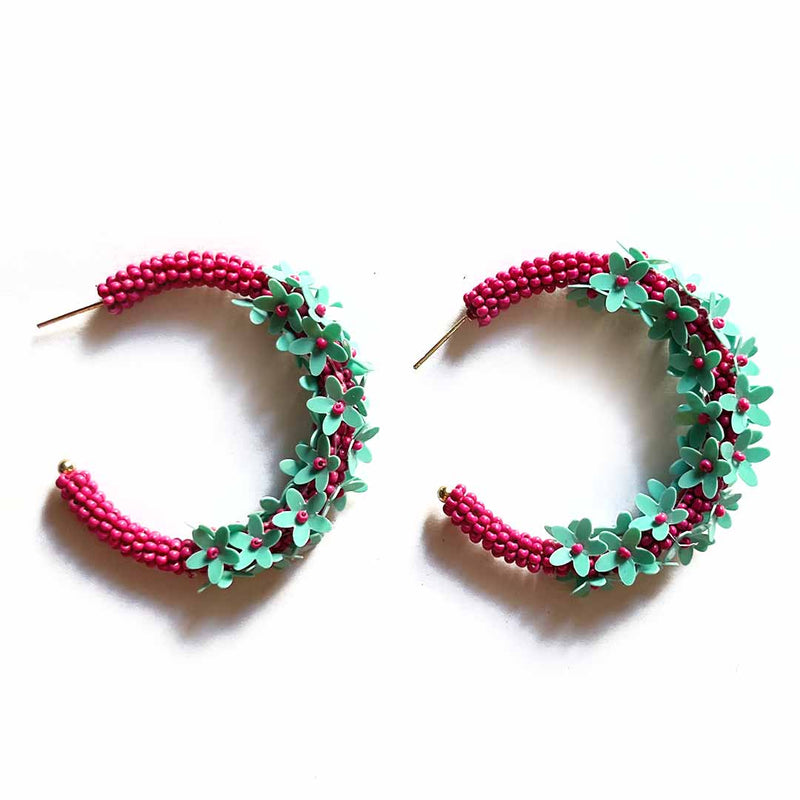 Pink & Sea Green hoop earrings | Pink Sea | Green | Art Craft | Craft Store | Craft | Art Making | Project Making | Online Art Craft | Indian Art Craft | Indian Craft | Handmade | decoration Essentials | Adikala Craft Store