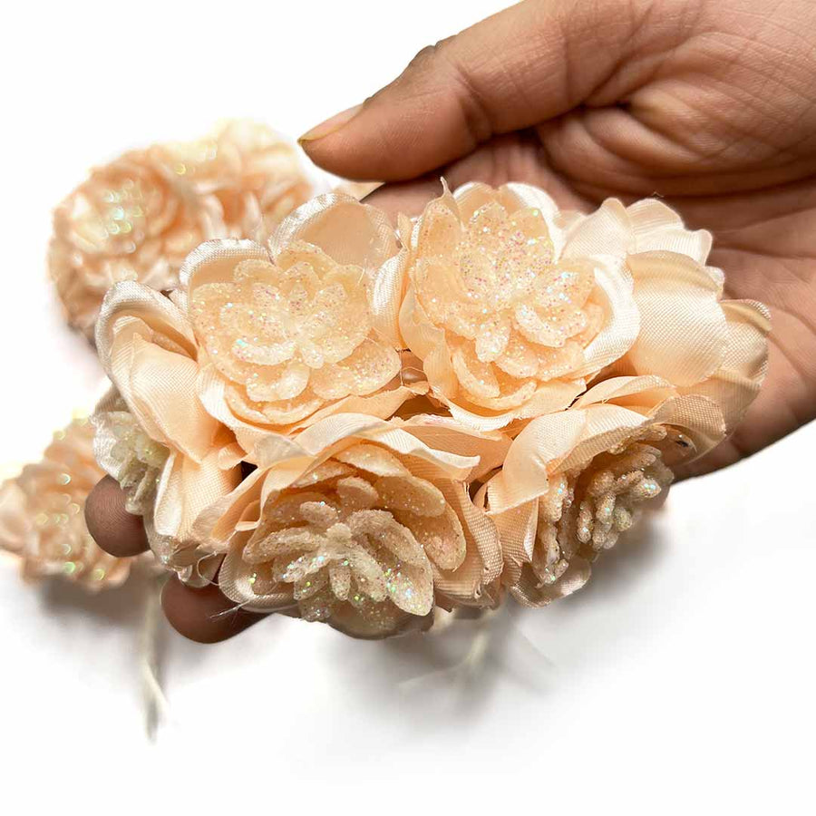 Light Orange Color Satin | Glitter Flower Bunch | Bunch 2 of 12 PCS | Satin with Glitter |  Art Craft | Craft Store | Craft | Art Making | Project Making | Online Art Craft | Indian Art Craft | Indian Craft | Handmade | decoration Essentials | Adikala Craft Store