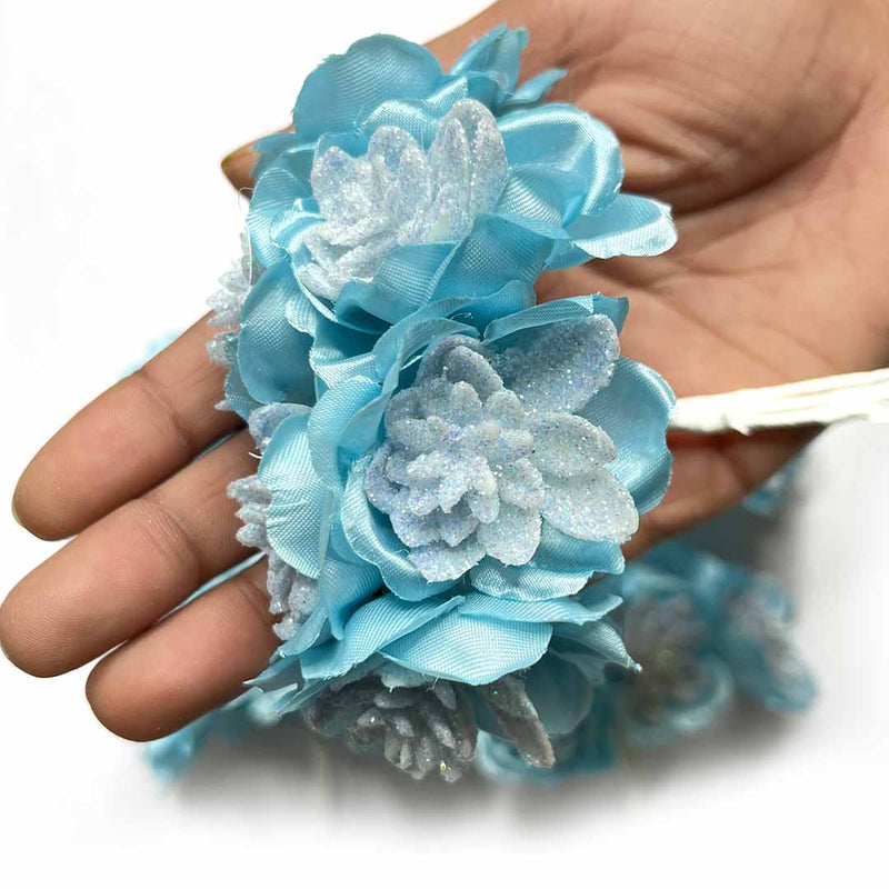 Sky Blue Color Satin | Satin With Glitter Flower | Glitter Flower Bunch | Flower Bunch 2 Of 12 PCS | Art Craft | Craft Store | Craft | Art Making | Project Making | Online Art Craft | Indian Art Craft | Indian Craft | Handmade | decoration Essentials | Adikala Craft Store 