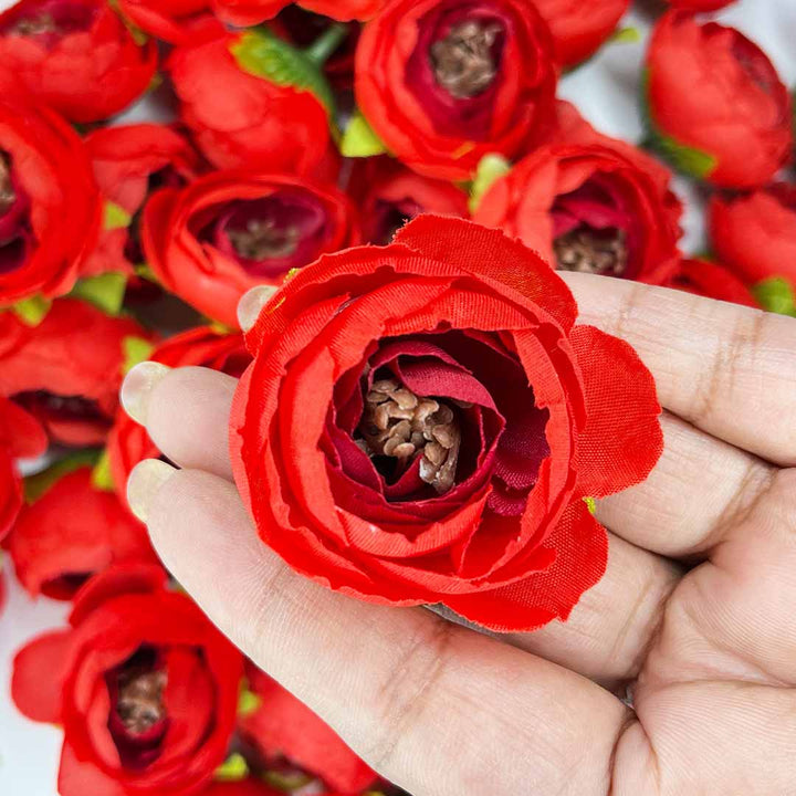 Red Peony Buds Pack of 25 (1.5" Inches) Fake Fabric Head Rose Flowers for Home, Gift, Christmas,Valentine, Mandir Pooja Table, Cake Decor, Bouquet Making Decoration