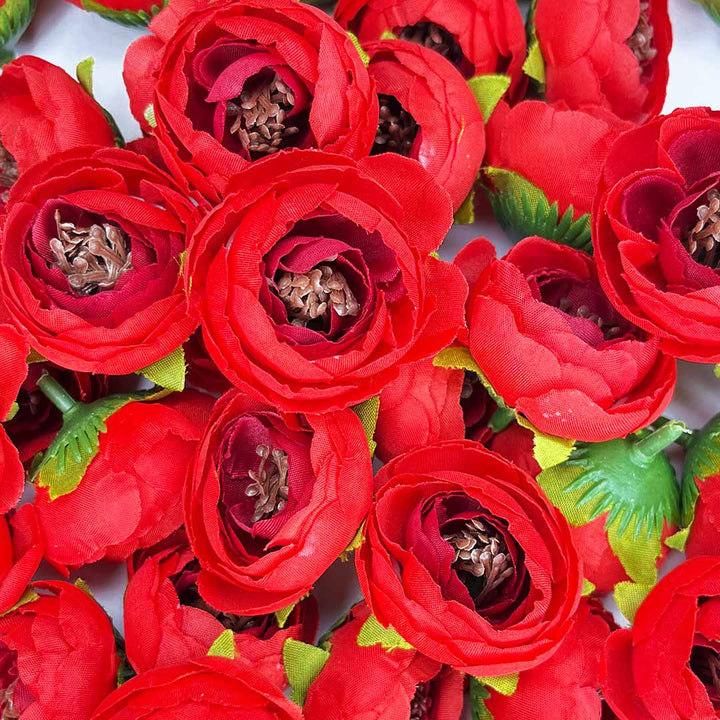 Red Peony Buds Pack of 25 (1.5" Inches) Fake Fabric Head Rose Flowers for Home, Gift, Christmas,Valentine, Mandir Pooja Table, Cake Decor, Bouquet Making Decoration