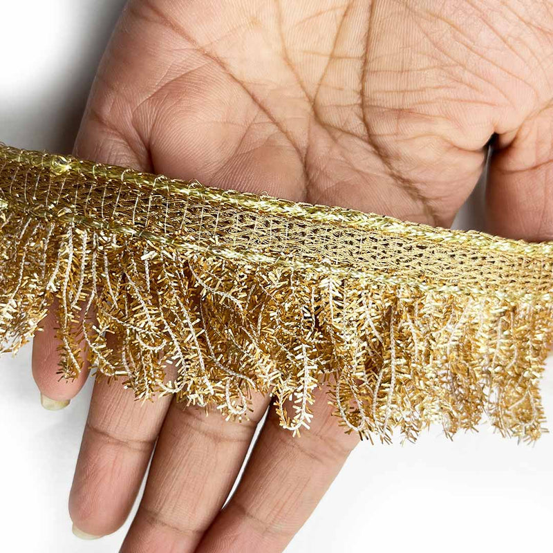 Golden Frilled Lace - 9mtr Fringes Dupatta Jhalar Lace, Crush Frilled Lace for Dupattas, Bridal Lehenga, Fancy Border Lace