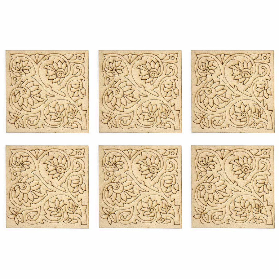 Square Shaped Floral Design Engraved Coaster Set of 6 |  Craft Store online | Engraved  DIY | MDF | Craft | Art Craft | Square Shape | Floral  | Design | Engraved | Design | Coster Set of 6 | Adikala