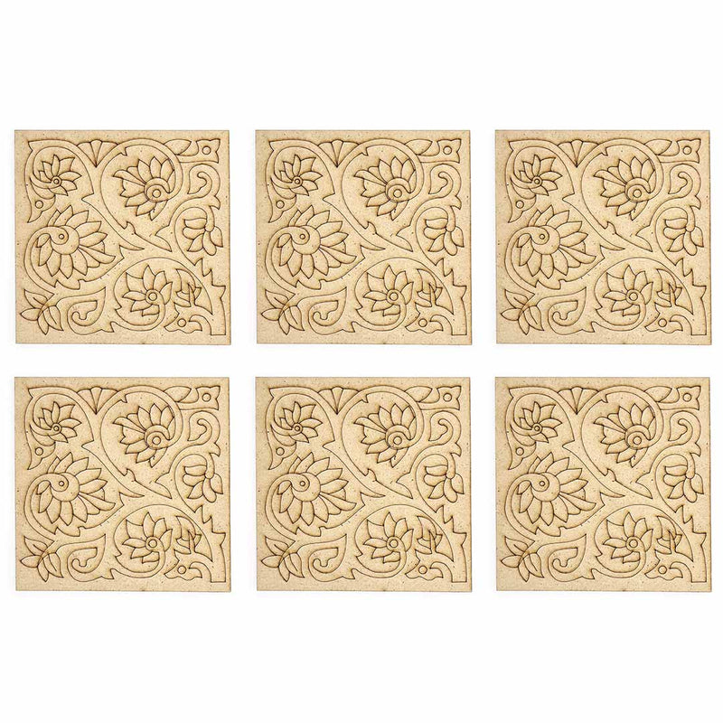 Square Shaped Floral Design Engraved Coaster Set of 6 |  Craft Store online | Engraved  DIY | MDF | Craft | Art Craft | Square Shape | Floral  | Design | Engraved | Design | Coster Set of 6 | Adikala