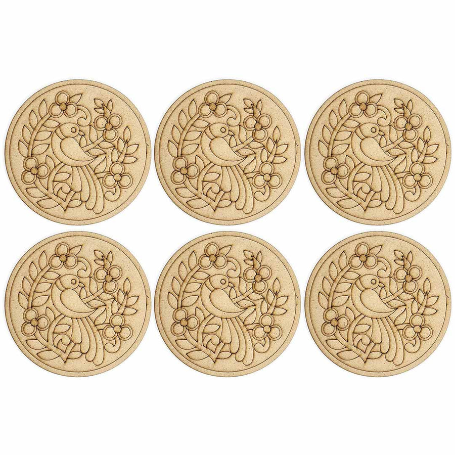 Round Shaped MDF Engraved Madhubani & Bird Motifs Design Coaster Set of 6 | Round Shape Mandala | Engraved madhubani | Motifs Design Coaster | Set of 6 | Adikala | Craft Store Online  | Adikala