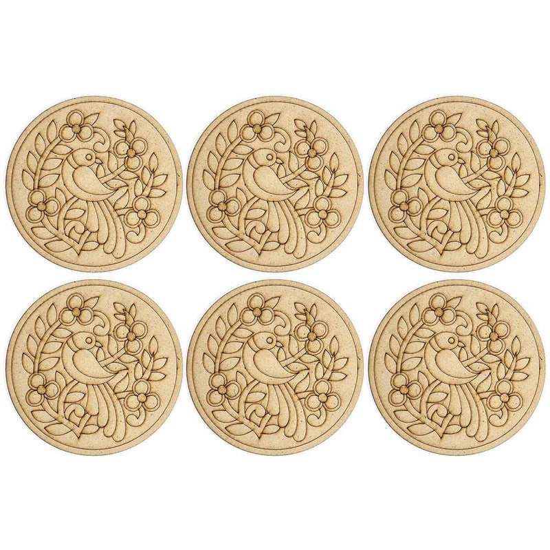 Round Shaped MDF Engraved Madhubani & Bird Motifs Design Coaster Set of 6 | Round Shape Mandala | Engraved madhubani | Motifs Design Coaster | Set of 6 | Adikala | Craft Store Online  | Adikala