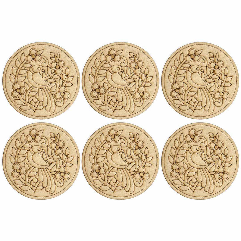 Round Shaped MDF Engraved Madhubani & Bird Motifs Design Coaster Set of 6 | Round Shape Mandala | Engraved madhubani | Motifs Design Coaster | Set of 6 | Adikala | Craft Store Online  | Adikala