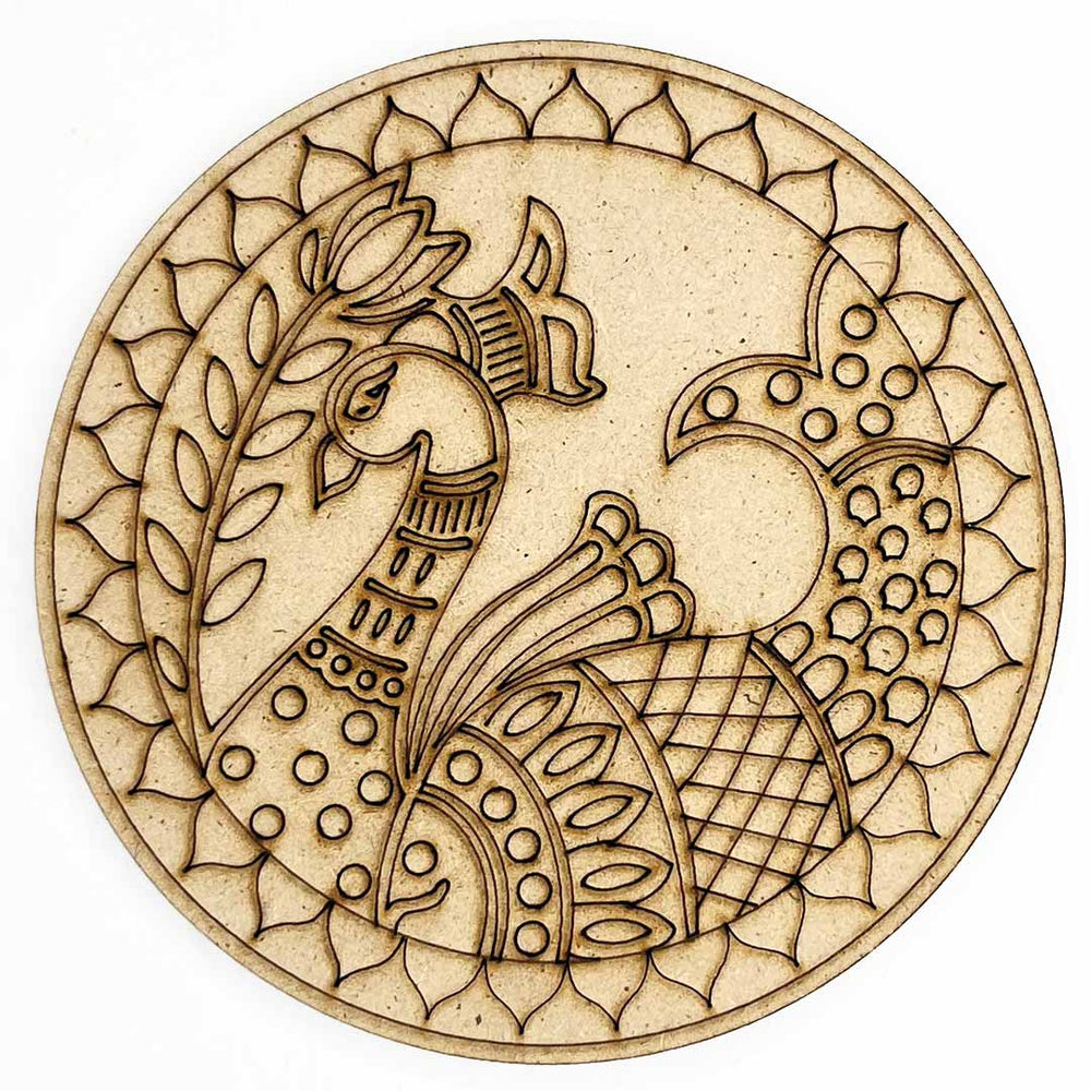 Round Shaped Madhubani Peacock Engraved Design Coaster Set of 6 | Round Shape | Madhubani Peacock | Engraved | design | Coaster Set of 6 | Art Craft | Indian Art | Decoration | MDF | MDF Cutouts
